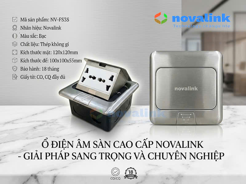 Bộ Ổ cắm âm sàn điệ inox lắp tối đa 3 modul chính hãng NOVALINK mã NV-FS3S cao cấp